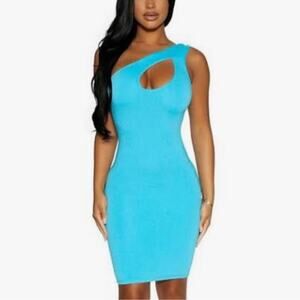 NWT naked wardrobe One Shoulder Cut Out Mini Dress Ocean Blue sz XXS Snatched